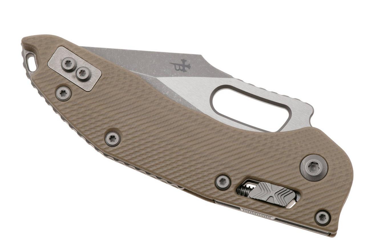 Microtech Stitch 169RL-11APFLGTTA, Apocalyptic Stonewashed M390MK, Fluted Tan G10, partial serrated zakmes, Borka Blades design