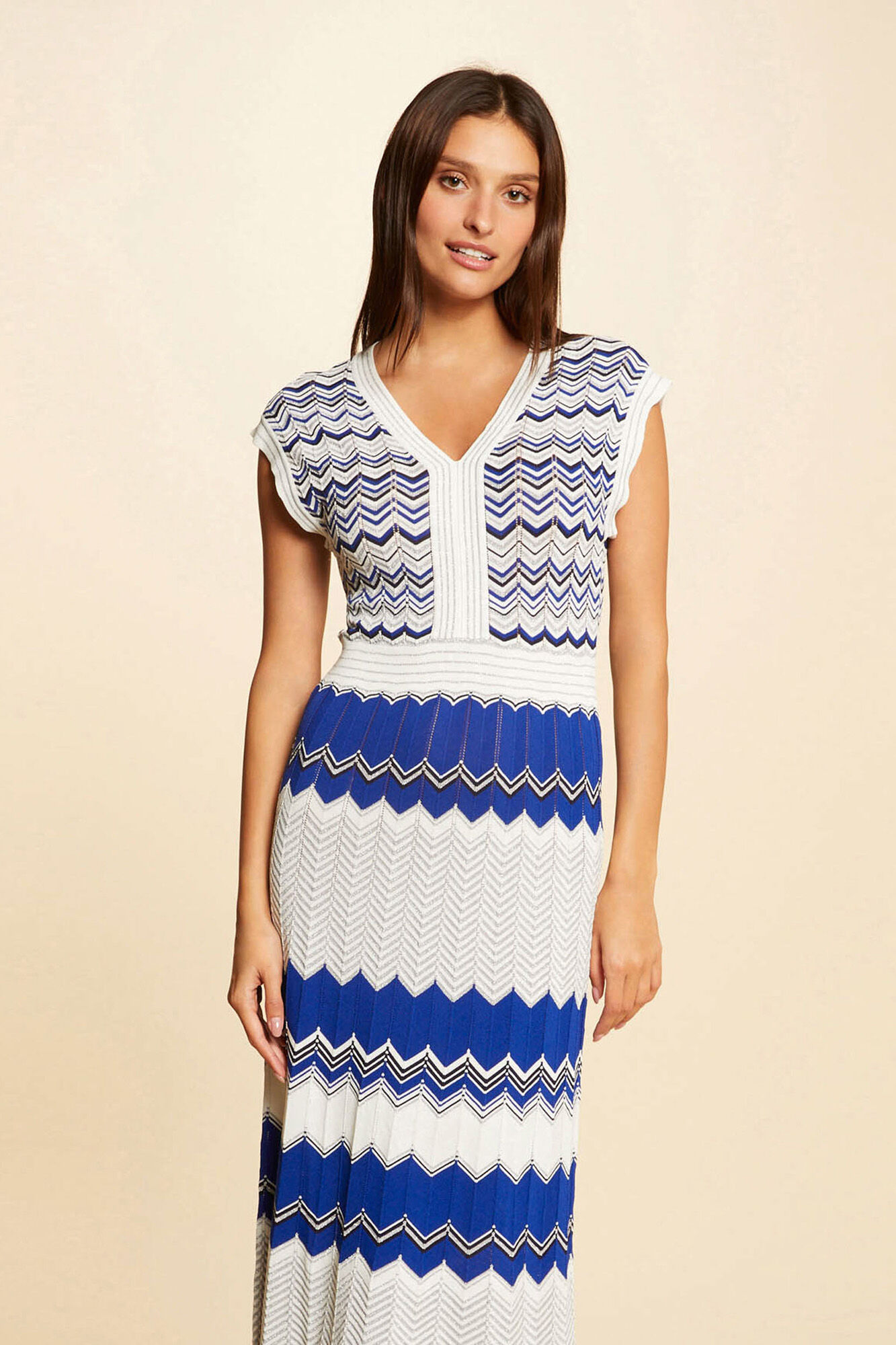 Vestido longo reto de malha com estampa - Estampa azul