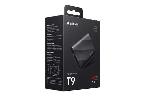 Samsung T9 MU-PG2T0B - SSD - krypteret - 2 TB - ekstern (bærbar) - USB 3.2 Gen 2x2 (USB-C stikforbindelse) - 256-bit AES - sort