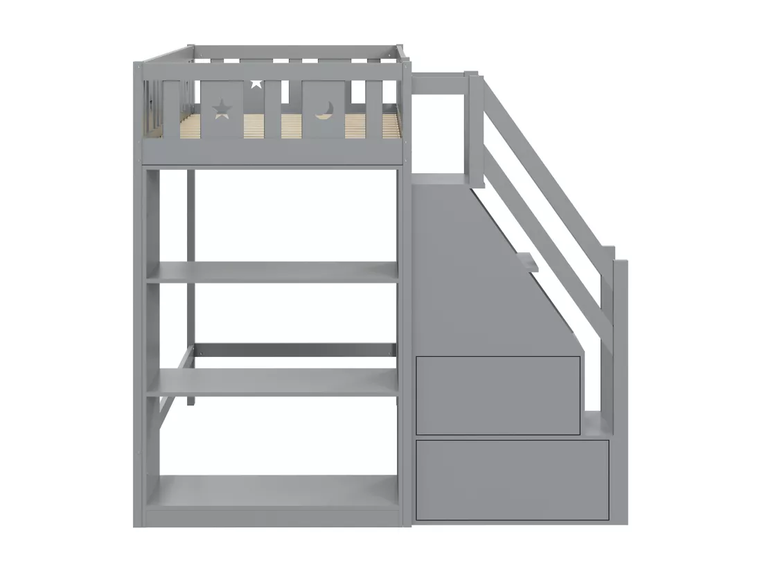 Lit mezzanine 90x200 cm, lit enfant avec avec échelle et étagères de rangement, antichute, structure en bois massif, gris
