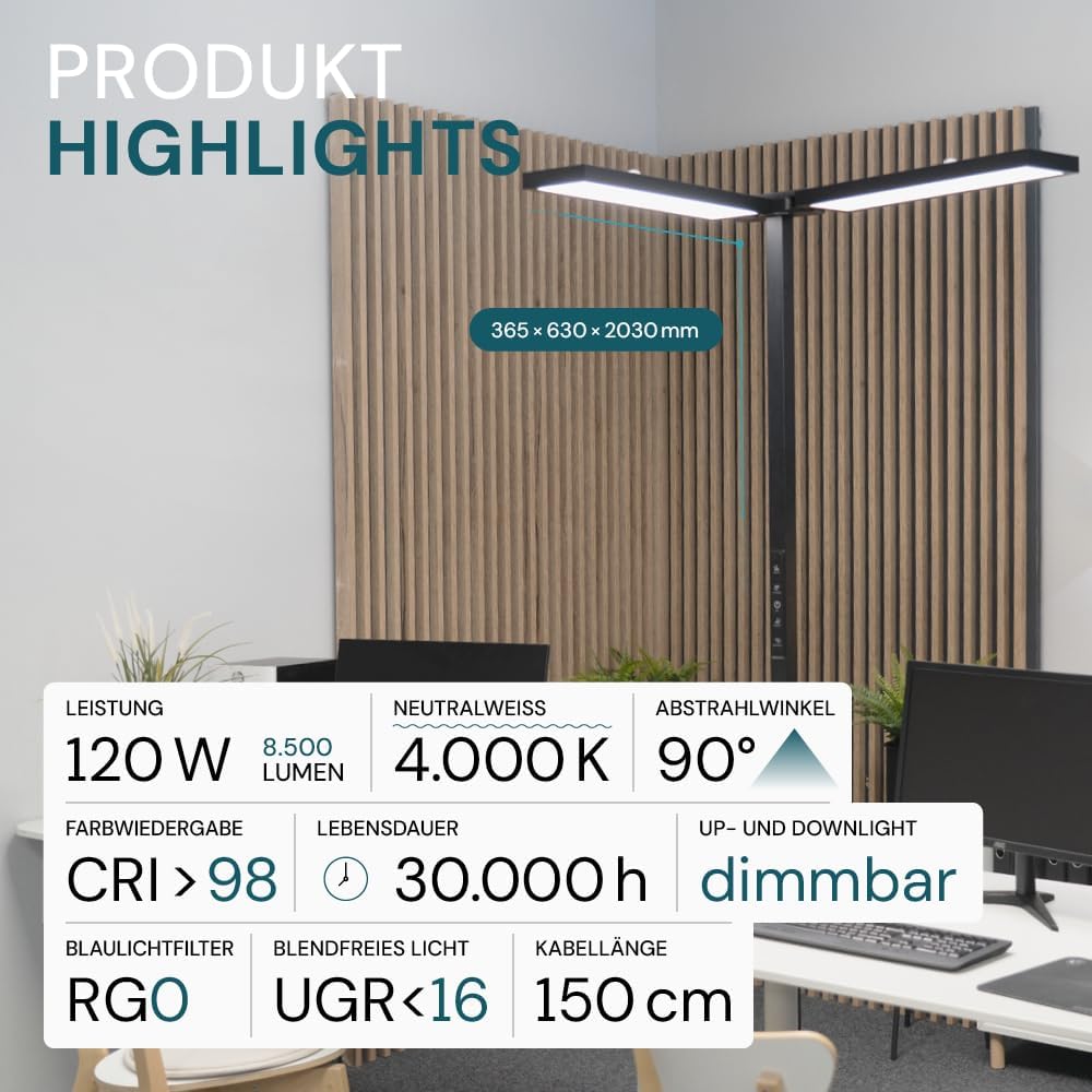 LUXULA LED Büro Stehlampe DUO, dimmbar, CRI>98 Vollspektrum, UGR