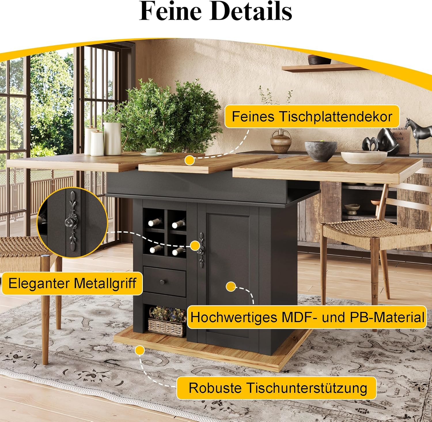 Esstisch Ausziehbar 110-140x80x75 cm mit Weinregal und Schubladen für 4-6 Personen, Esszimmertische mit Türen und Stauraum, Esszimmertisch Ausziehbar, Esszimmermöbel, Holzfarbe+Schwarz