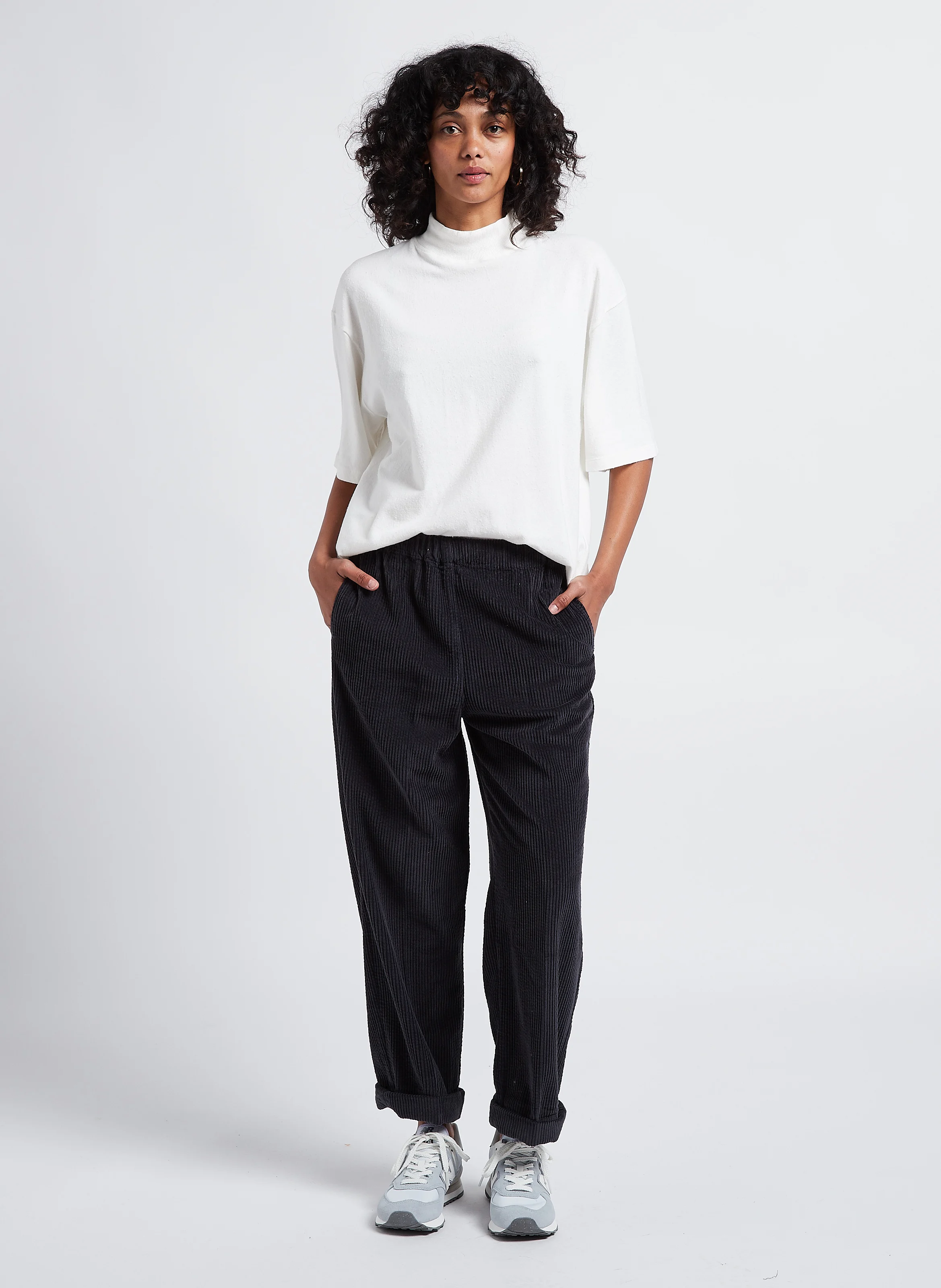 PADOW - Pantalon large taille haute en velours côtelé | Gris