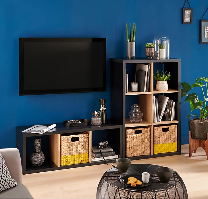 Étagère modulable bicolore à 3 cases H. 108 cm x L. 39 cm, noir et bois chêne