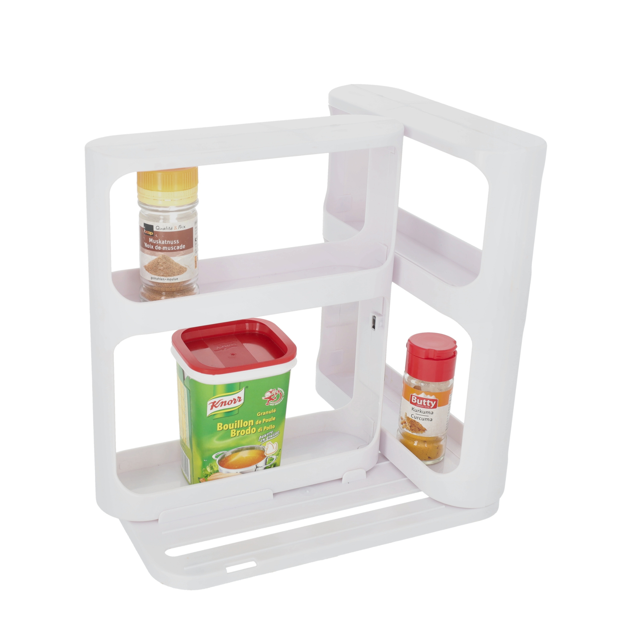 (27x27cm) 2-fach Ausziehbares Küchen Regal Universal Organizer Drehbares Aufbewahrungs Fach für Gewürze / Lebensmittel / Kosmetik - Weiss