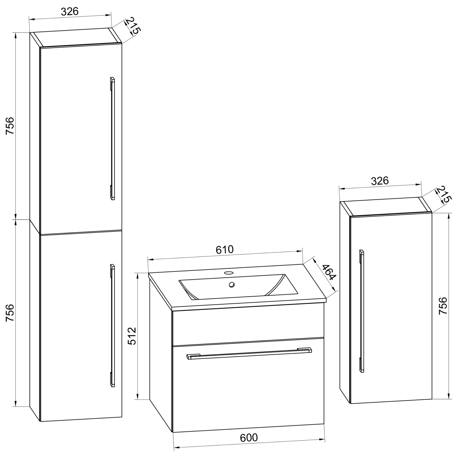 5-teiliges Badmöbel-Set BADINOS - schwarz - mit Spiegelschrank - 60 cm