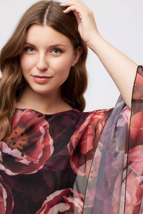 Kleid, doppellagig, Blüten, Rundhals, 3/4-Arm