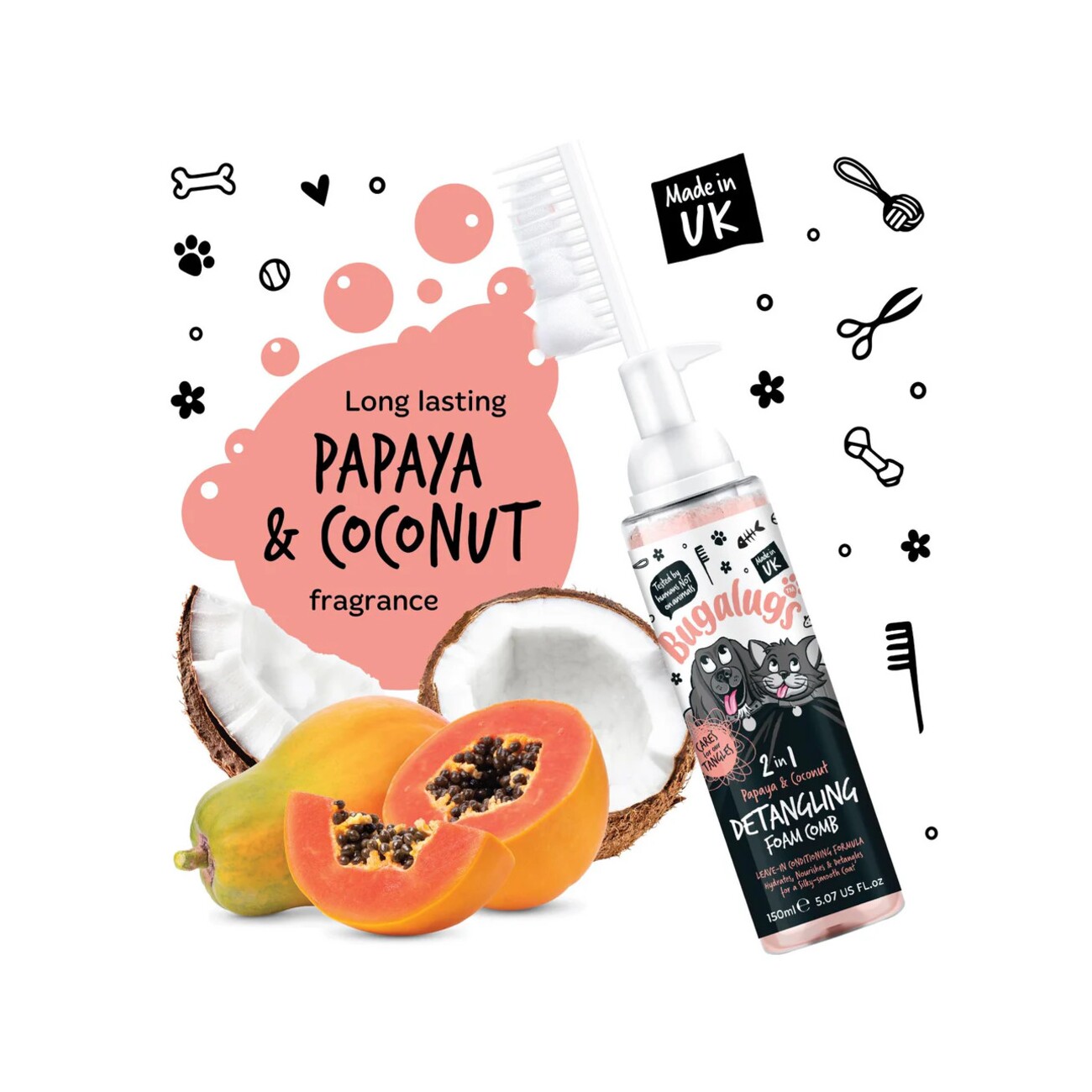 Bugalugs Fellentwirrungsschaum mit Kamm Papaya & Kokosnuss 150 ml