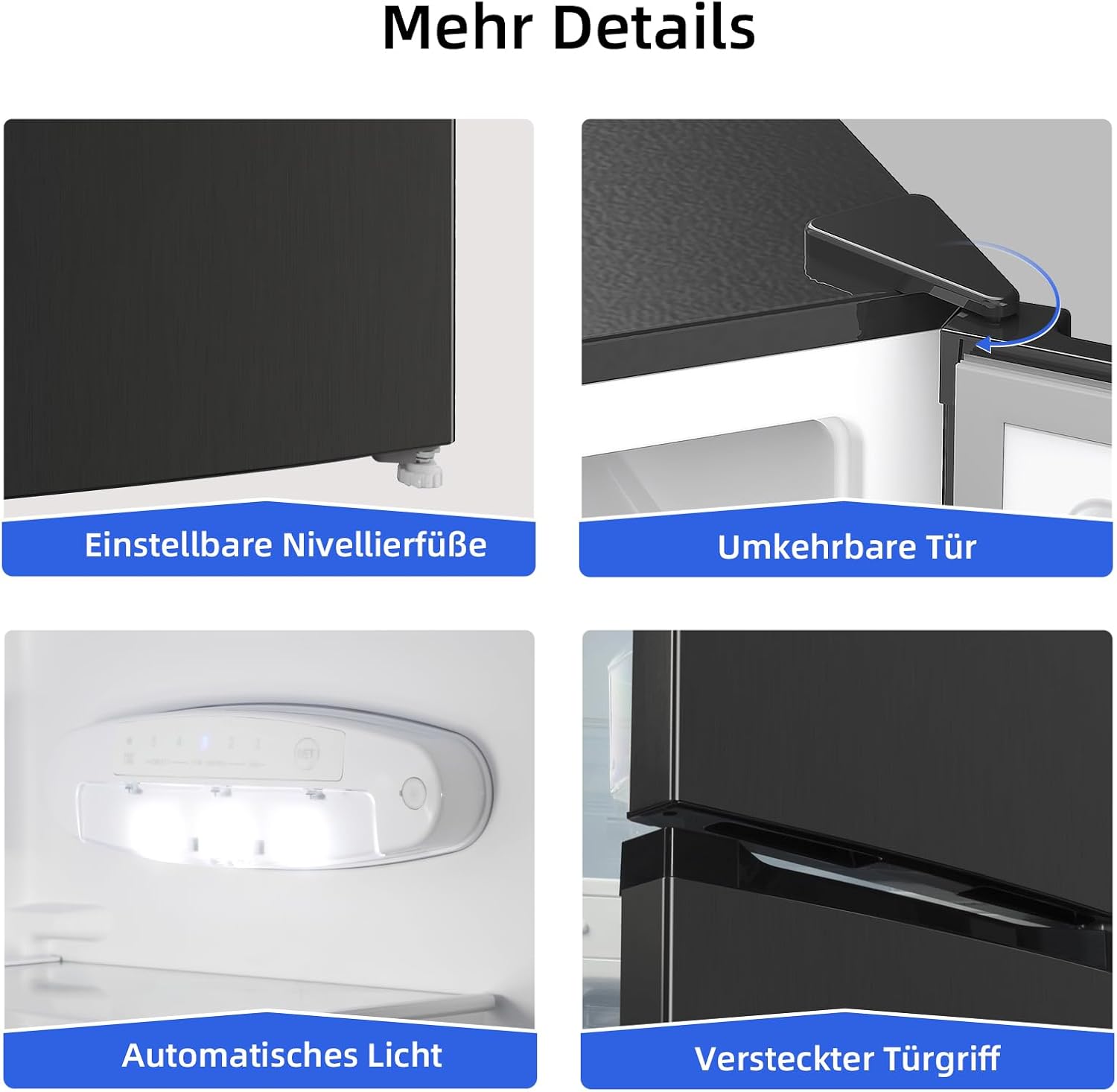 CHIQ CBM159LEBD Freistehender Kühlschrank mit Gefrierfach | Kühl-Gefrierkombination 144 cm Höhe, 47 cm Breit, 157L(109L/48L) | Low Frost | 152 kWh/Jahr | LED Litcht | | Schwarz Inox