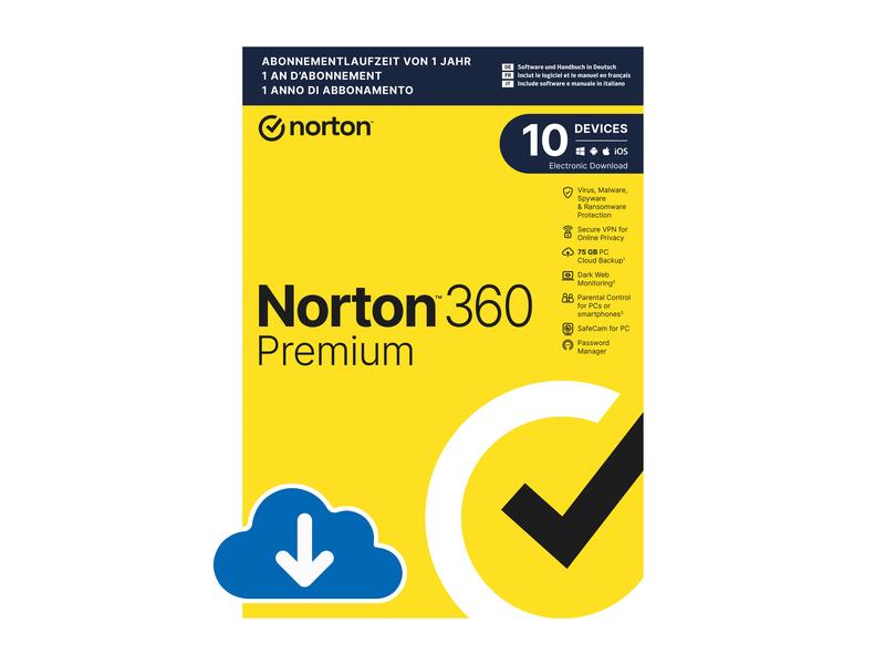 Norton Norton 360 Premium ESD, 10 Device, 1 Jahr Mehrere Schutzebenen für Ihre Geräte und Funktionen für Ihre Online-Privatsphäre.