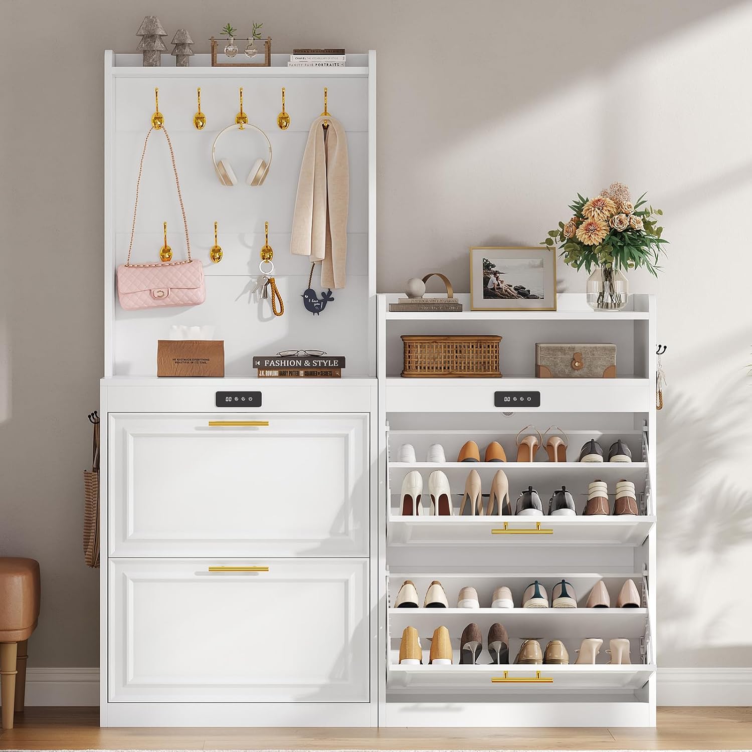 Schuhschrank mit Integrierter Geruchsentferner, Weiss Schuhkipper mit 2 Klappen, Schuhkommode Schuhregal mit Trennwände verstellbar und abnehmbar, für 12-16 Paar Schuhe Schuhschrank Holz Weiß