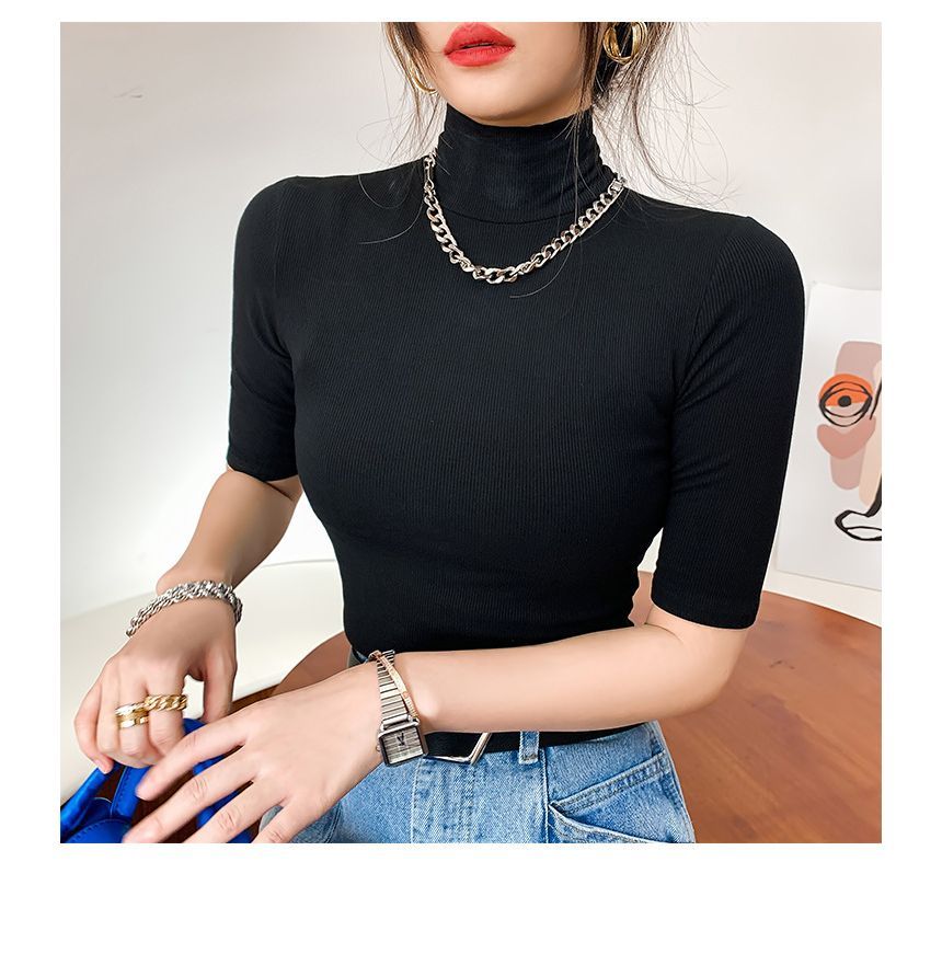 Sensarra - Effen T-shirt met hoge hals en elleboogmouwen