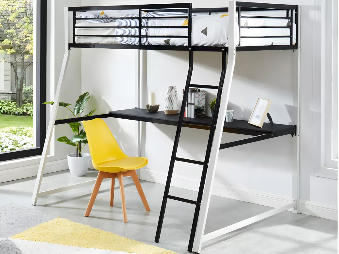Lit mezzanine MALICIA - 90 x 190 cm - bureau intégré - Noir et blanc + matelas