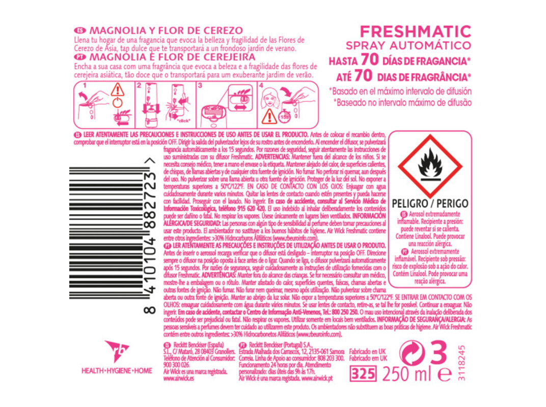 AMBIENTADOR PORTÁTIL AIR WICK RECARGA FRESHMATIC FLOR CEREJEIRA 250 ML