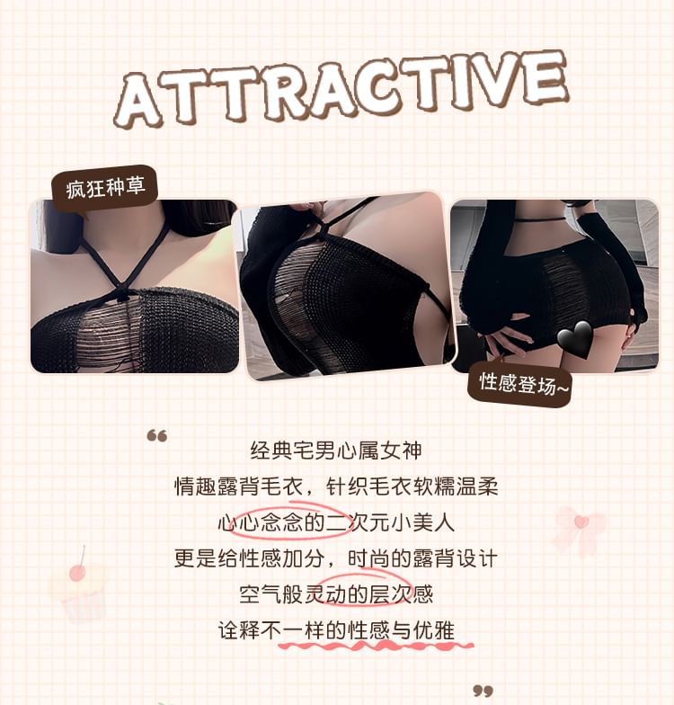 Candyiry - Lingerieset: halterjurk met distressed breisel + mouwtjes