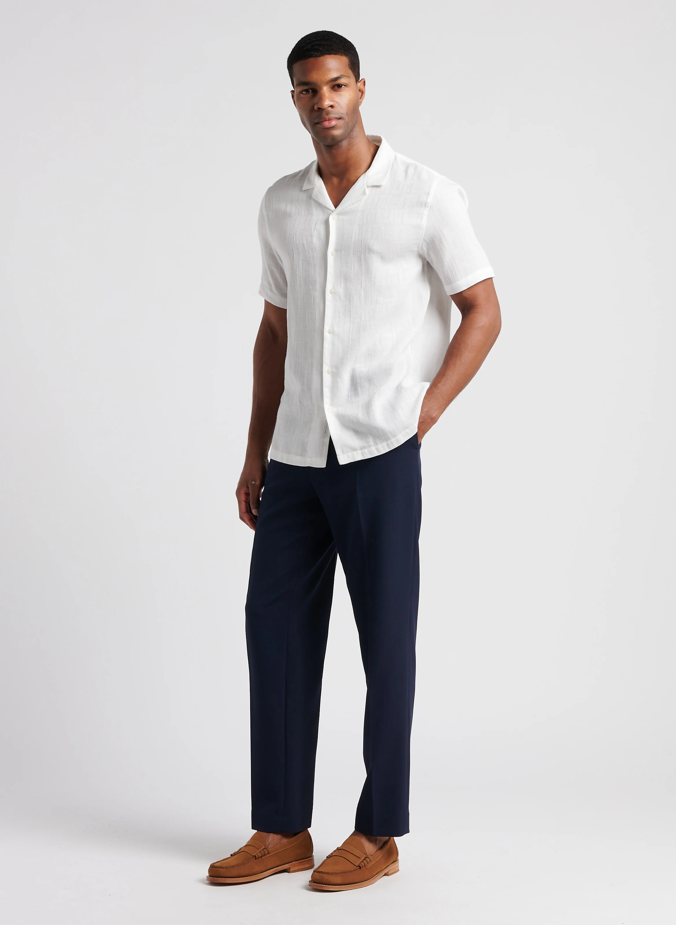 Chemise col cubain en coton mélangé| Blanc