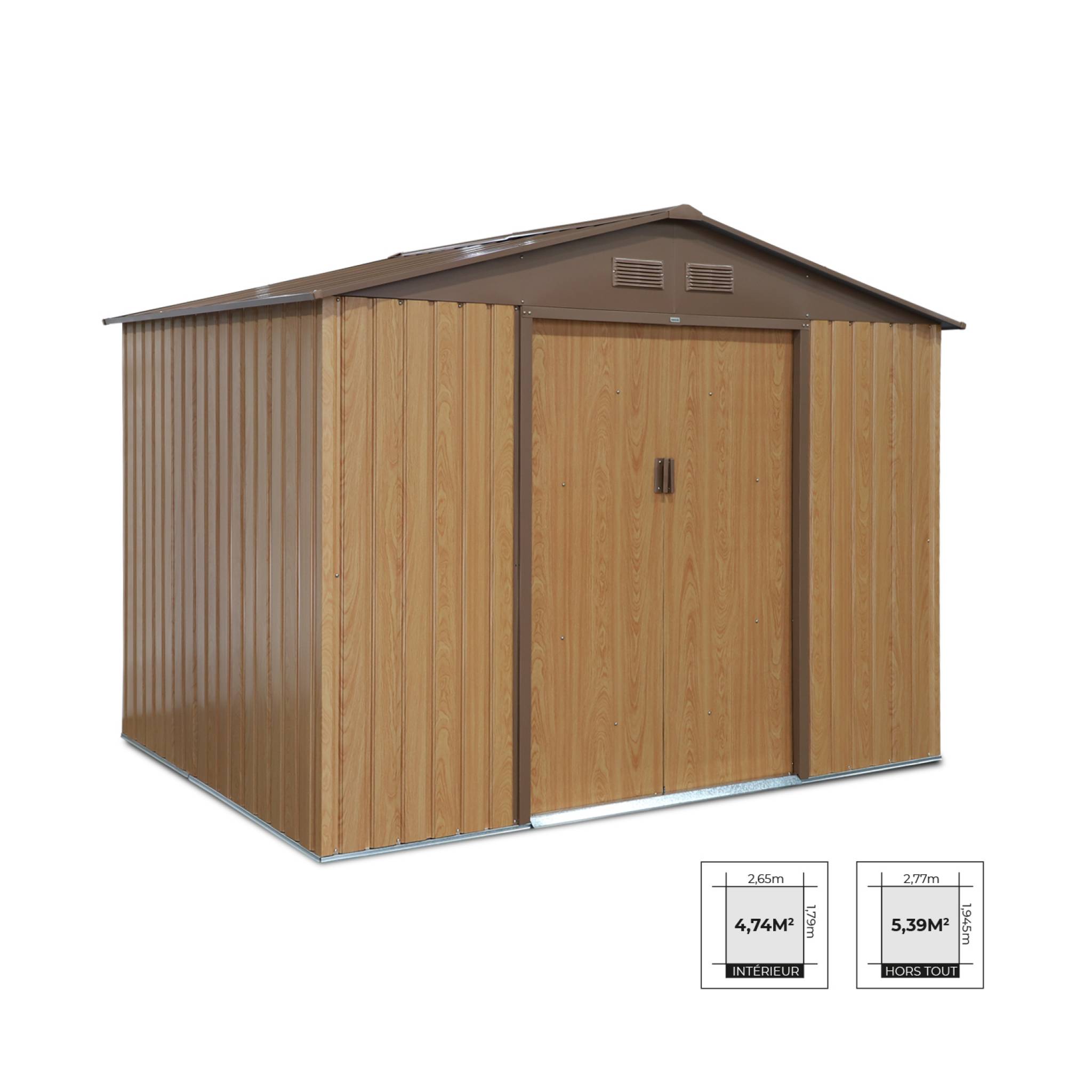 Abri de jardin en métal - ferrain 5.29m² couleur chêne - cabane à outils avec deux grandes portes coulissantes. Kit de fixation sol