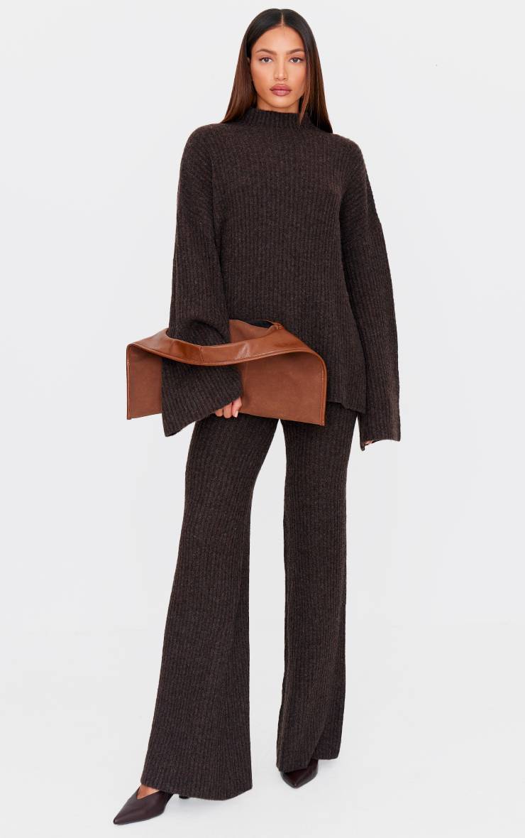 Chocolat Pantalon Large Côtelé En Maille Luxe Pour Grandes Tailles