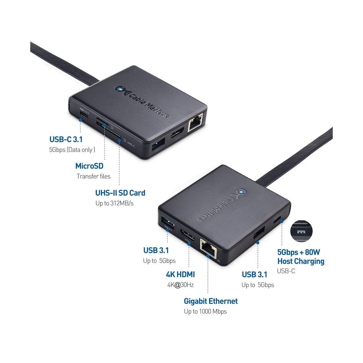 Cable Matters 1 til 8 USB-C dockingstasjon HDMI 4K30Hz PD80W 2xUSB-C 5Gbps RJ45 Giga Lan Micro SD og SD kortlesere