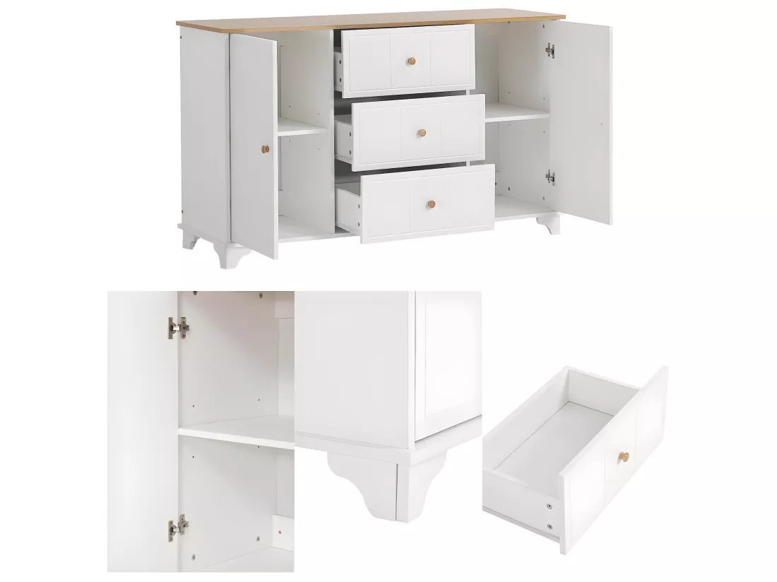 Ensemble lit adulte 160x200 cm en bois + Commode + Table de chevet - Blanc & Naturel
