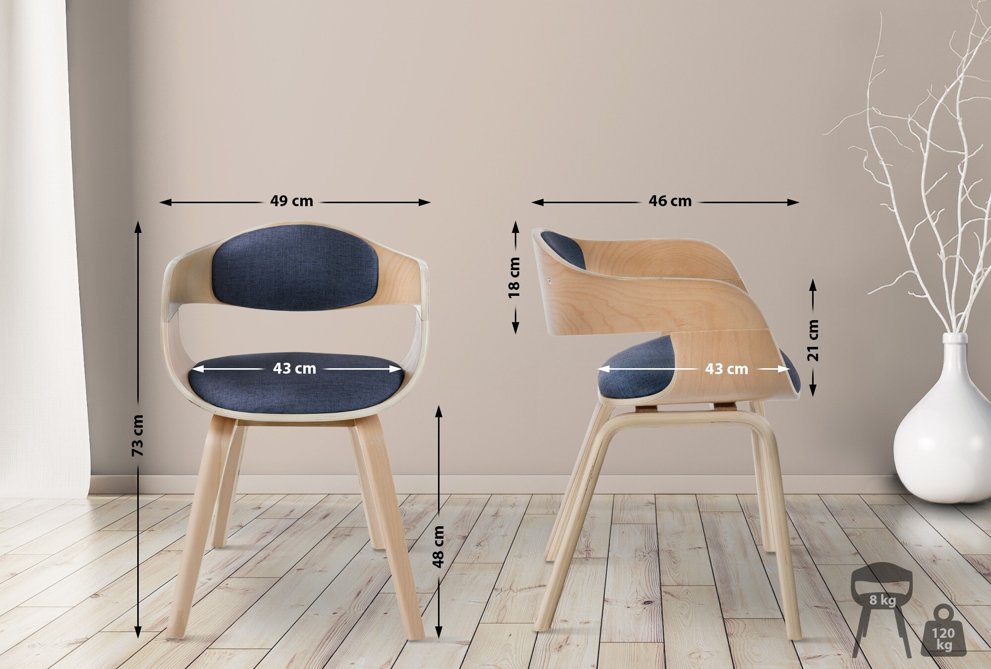CLP 2er Set Retrostühle Kingston mit Stoffbezug und umlaufender Rückenlehne I Lehnstühle mit Polsterung und Holzgestell