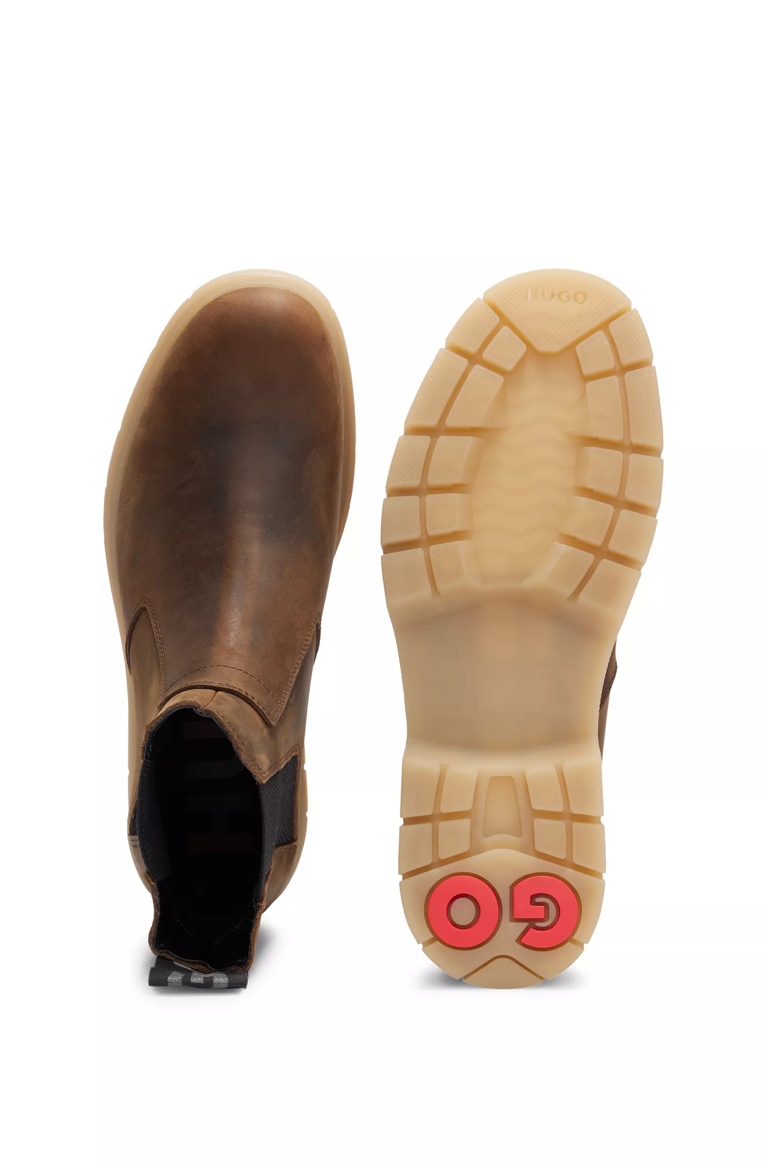 Botas Chelsea HUGO em couro vermelho com detalhe em fita com o logotipo.