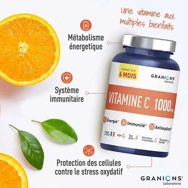 GRANIONS Vitamine C 1000 mg 6 Mois - Energie et Immunité - 180 comprimés