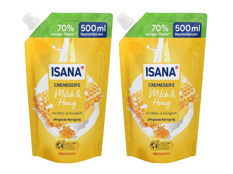 Isana Flüssigseife Milch & Honig 2 x 500 ml Pflegende Crèmeseife im nachhaltigen Nachfüllbeutel