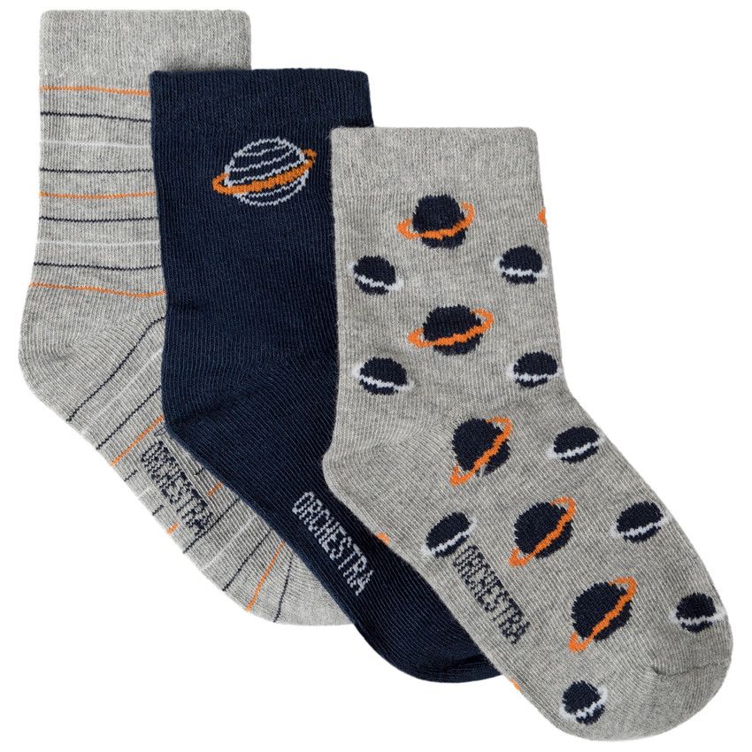 Lot de 3 paires de chaussettes motif planètes et rayures - Gris chiné