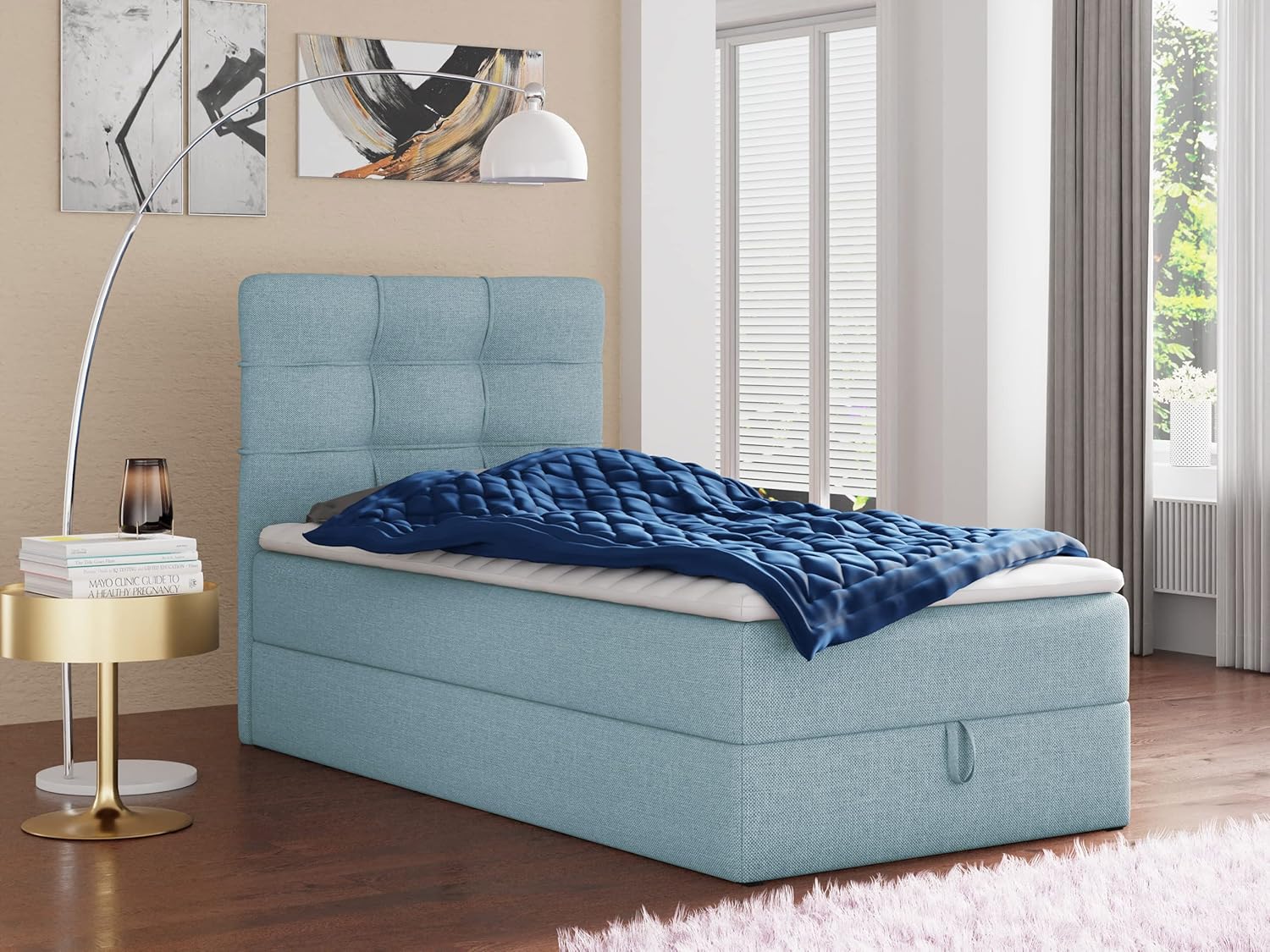 Sofnet Boxspringbett Best Mini mit Bettkasten und Matratzentopper - Einzelbett mit Bonell-Matratze und Topper, Polsterbett, Bett, Schlafzimmer (80 x 200 cm, Blau (Vidar 83))