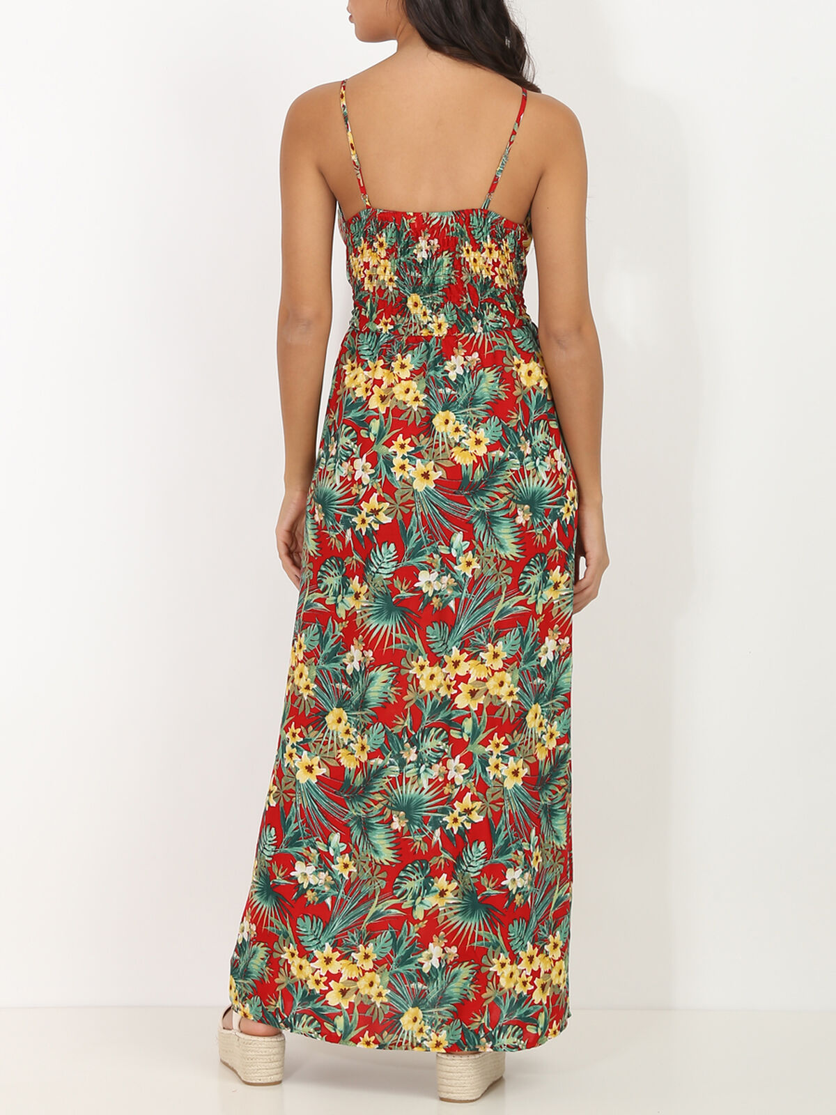 Robe longue à bretelles et motif tropical- Rouge