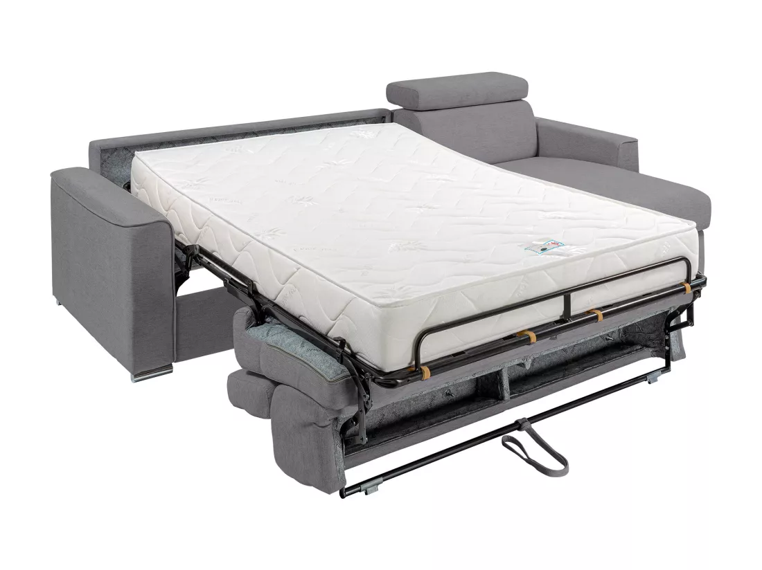 Canapé d'angle réversible convertible express en tissu gris - Couchage à lattes larges 160 cm - Matelas 22 cm mémoire de forme - VIZIR
