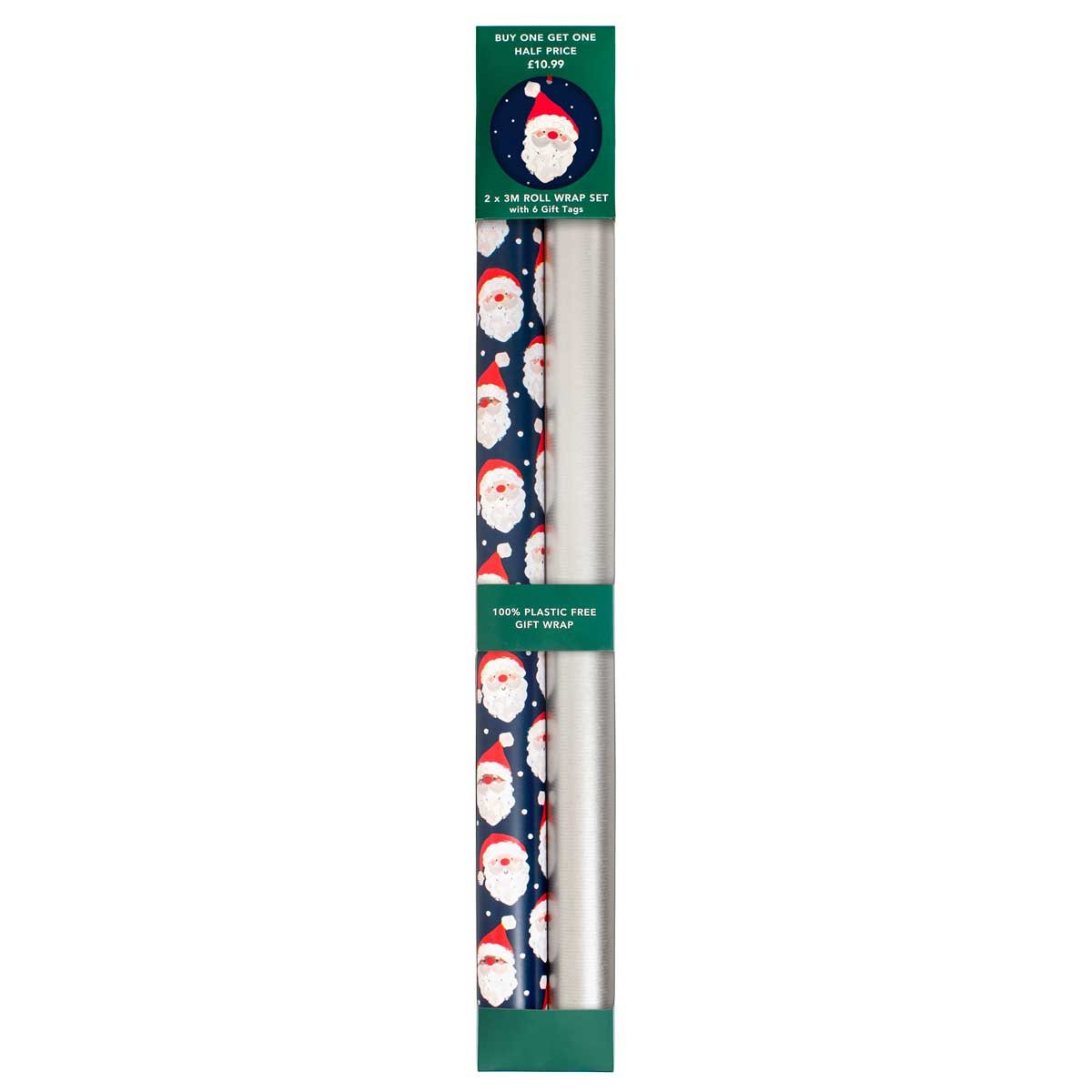 Santa Faces On Navy Rollwrap Pack X2 3M Rollwraps & 6 Gift Tags