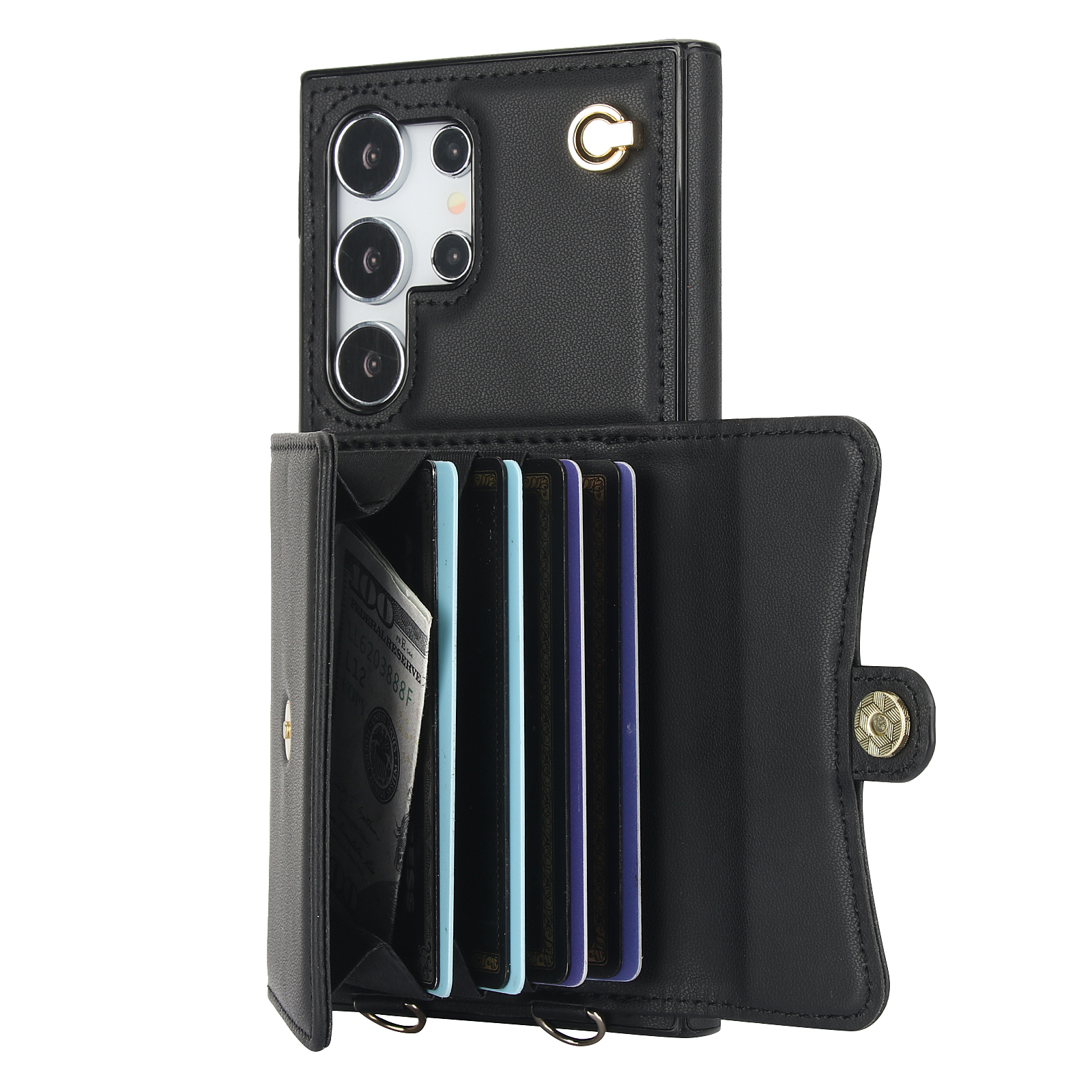 Samsung Galaxy S25 Ultra Necklace Leder Schutz Hülle mit Kartenfach   Handykette (140cm) - Schwarz