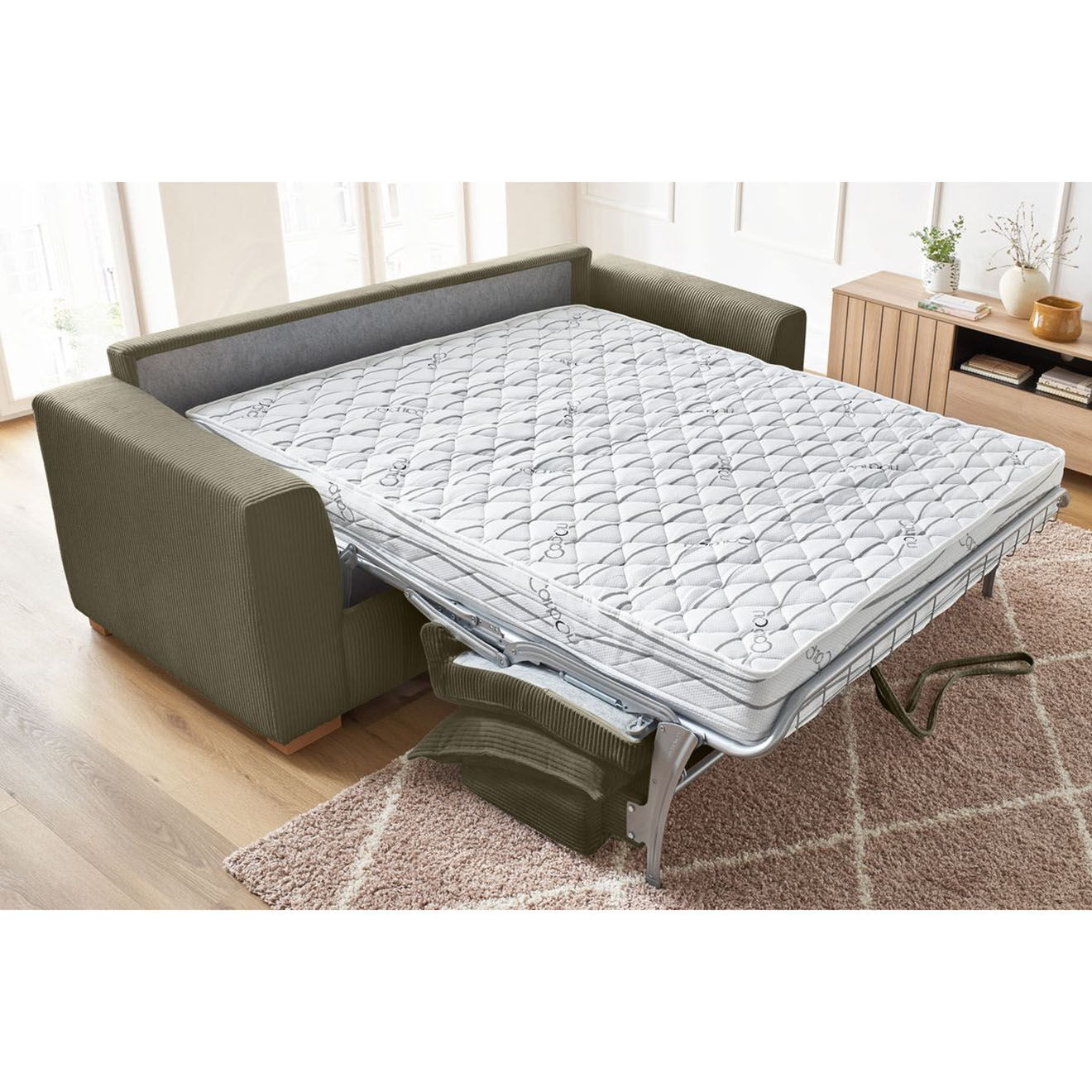 Bobochic Canapé droit convertible express en Velours côtelé 3 places Augustin vert - 205x96x97 cm