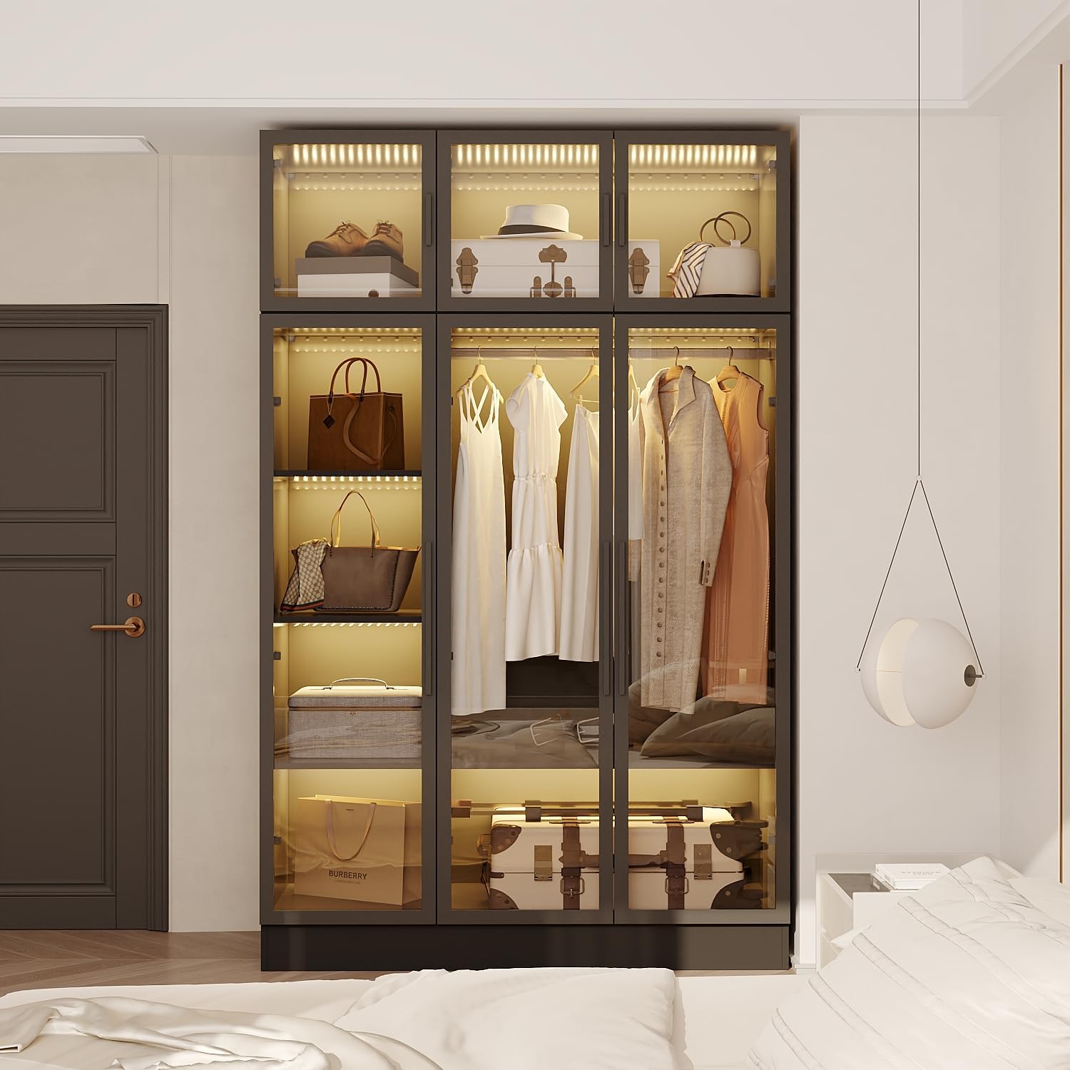Caldion Kleiderschrank mit 3 LED-Beleuchtung, Glasschrank mit Kleiderstange, Aufbewahrungsschrank aus Hartglas, Glasvitrine mit 6 Türen, 8 Ablagen, Türrahmen aus Eisen, Schwarz, 120x48x190cm