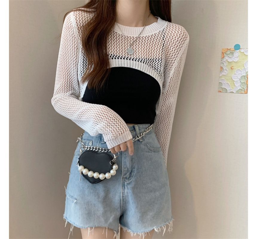 Allinya - Lange mouwen ronde hals effen pointelle gebreide crop top