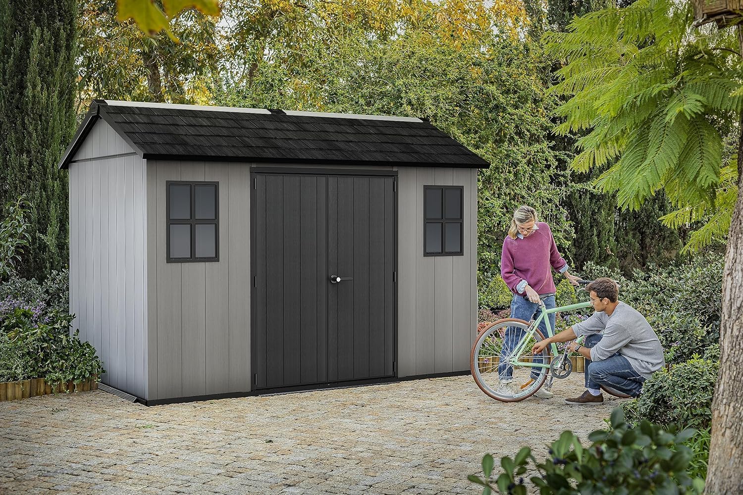Keter Gerätehaus Oakland 1175, Grau, 15,3m³, Außenmaße B/T/H: 350 x 230 x 253 cm, Duotech Struktur, wetterfest, Doppeltür, Oberlicht und 2 Fenster, strapazierfähiger Schwerlastboden