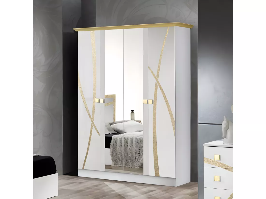 Chambre complète 160*200 Blanc/Or - CROSS - Lit : L 165 x l 206 x H 106 cm