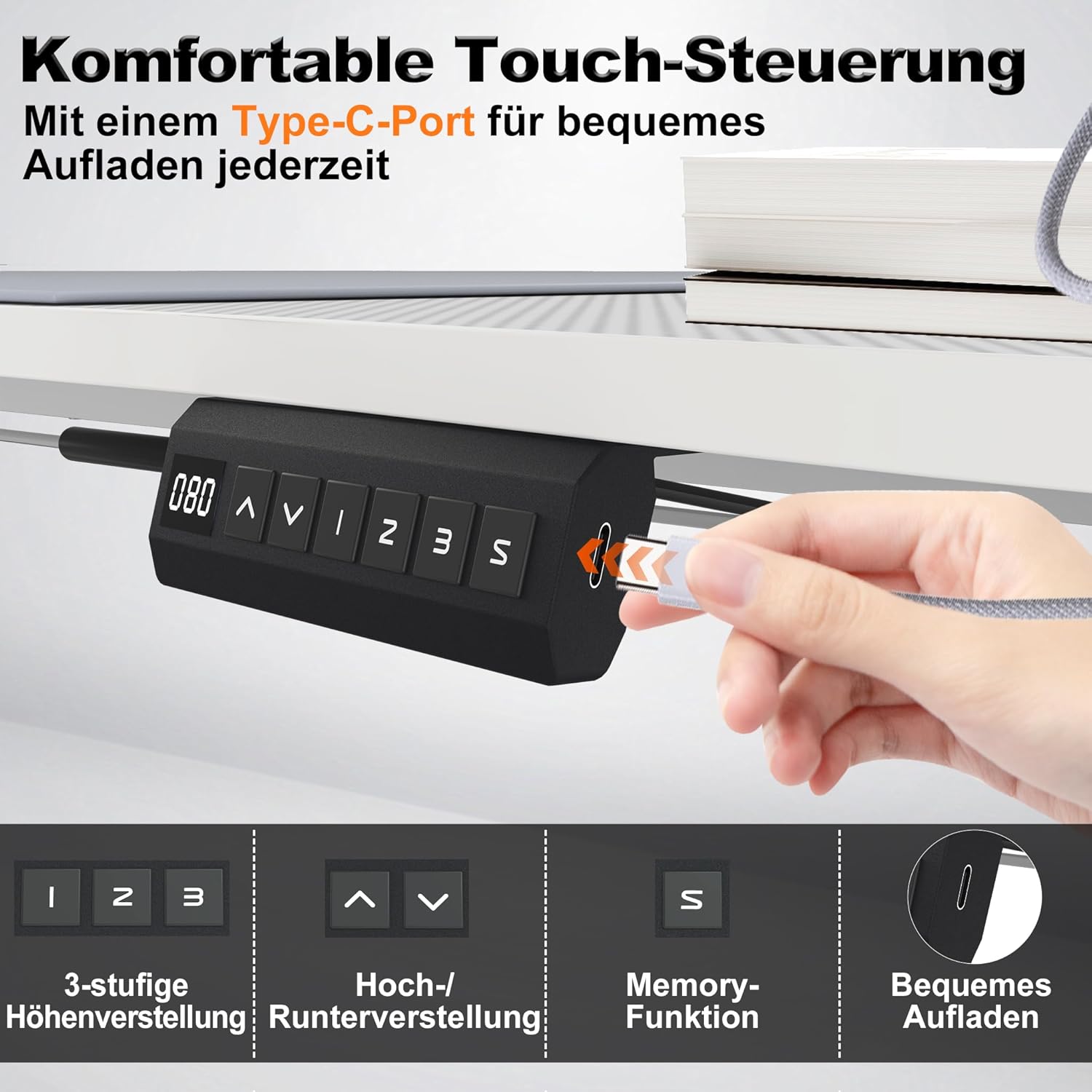 YUENFONG 120x60cm Höhenverstellbarer Schreibtisch Elektrisch mit Typ-C Ladeanschluss, 3 Höhen Memory-Funktion, Computertisch Mobiler mit Kopfhörerhaken und Getränkehalter, Weiß