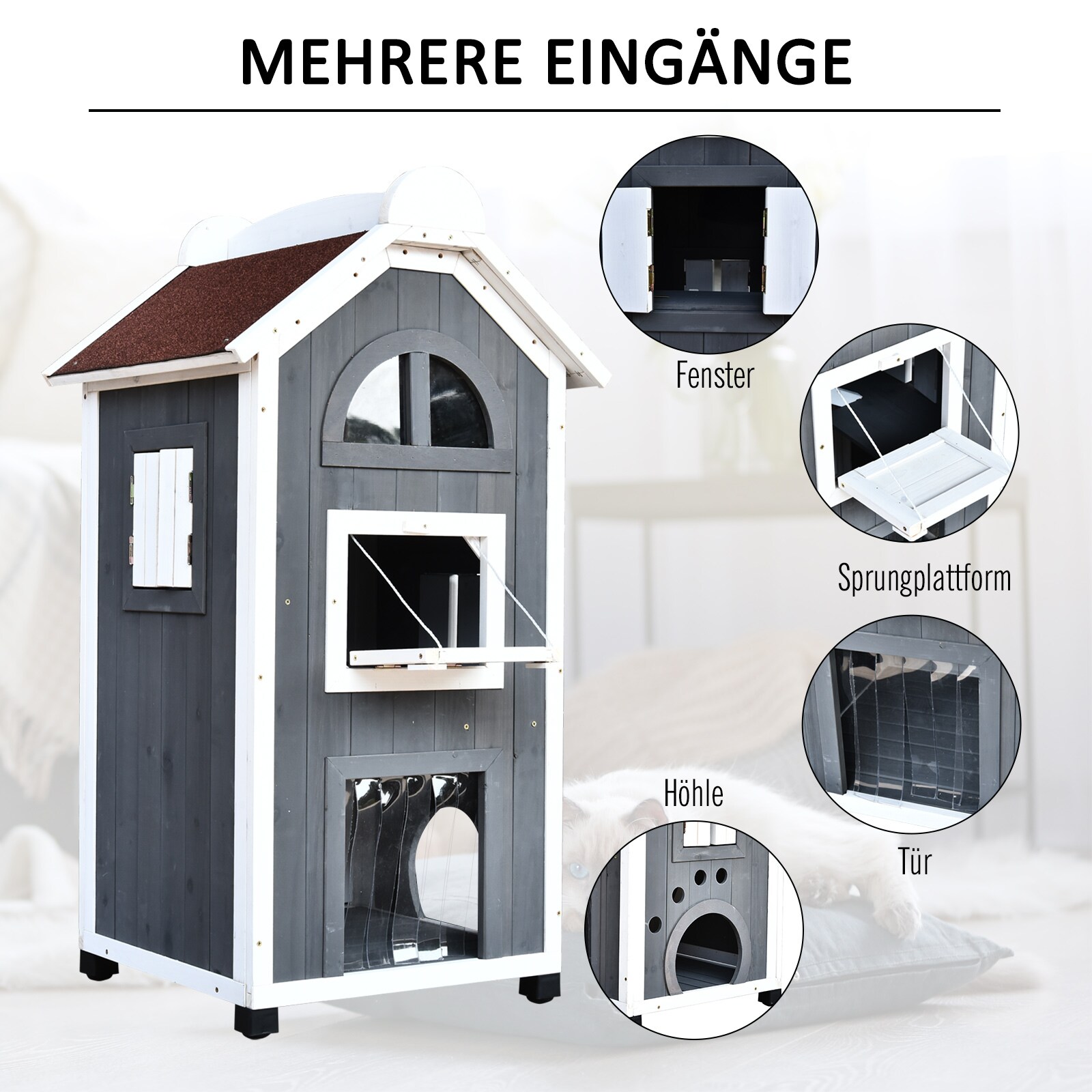 PawHut Katzenvilla mit Asphaltdach grau, weiß 59 x 55 x 109 cm (LxBxH)