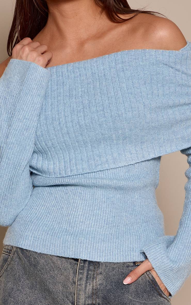Bleu Poudré Synthétiquell En Maille À Encolure Bardot Rabattue