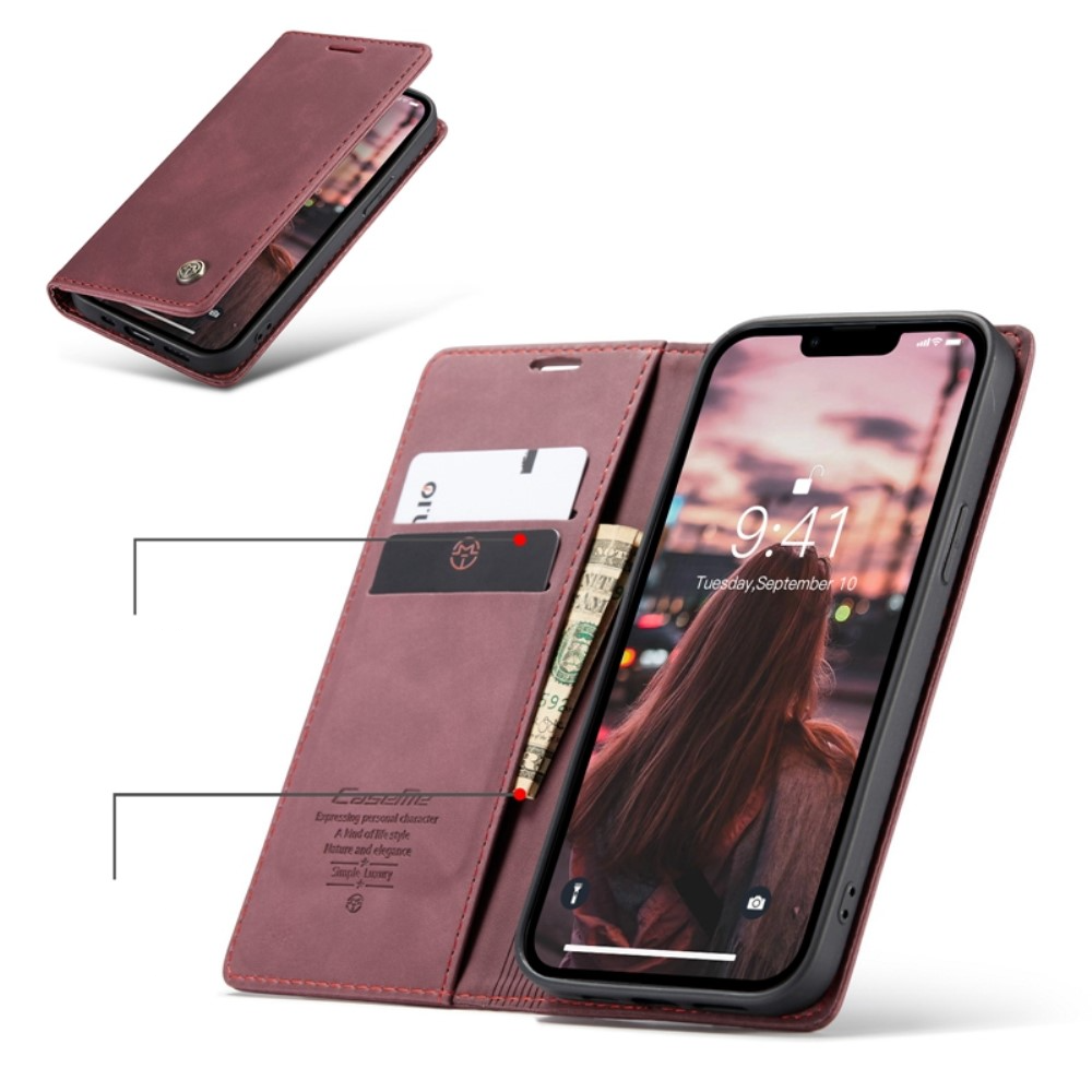 iPhone 14 Leder Tasche Flip Wallet Etui mit Kartenfächern - Dunkelrot