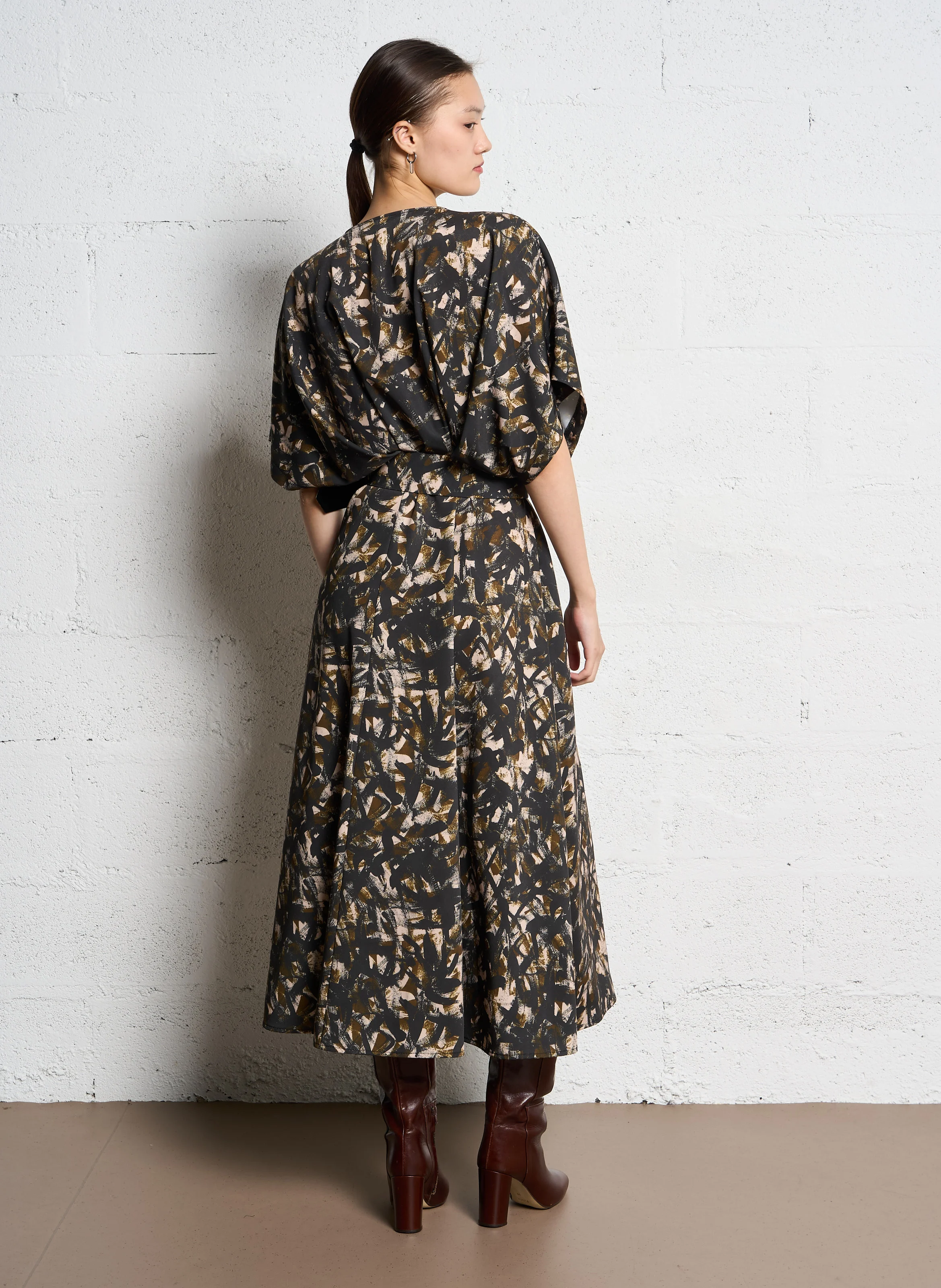 Robe midi col rond imprimé | Multicolore