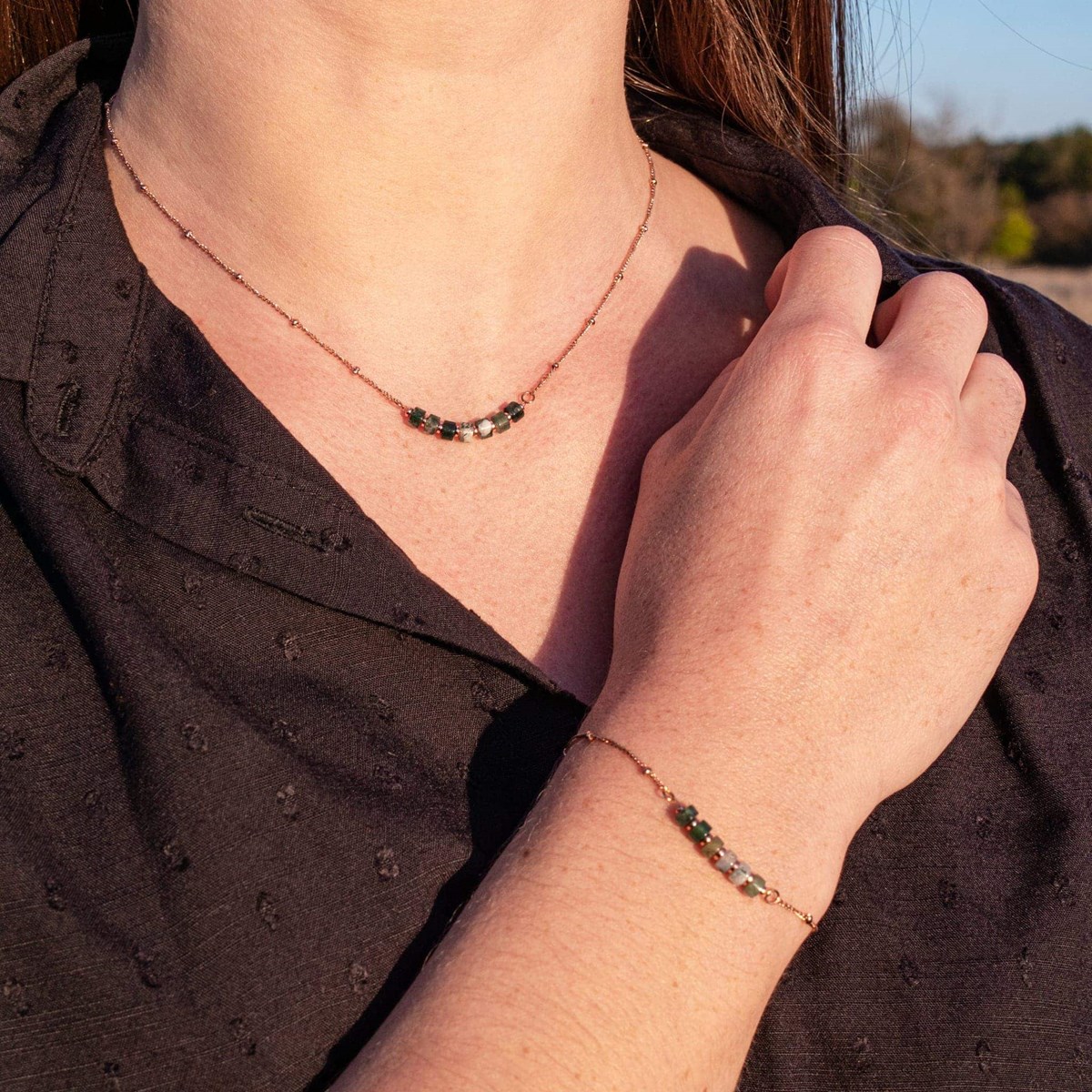 Collier, bracelet et boucles d'oreilles Piana en pierres Agate Aquatique