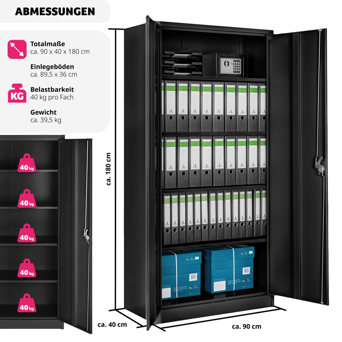 tectake archiefkast van gepoedercoat staal, 180 x 90 x 40 cm