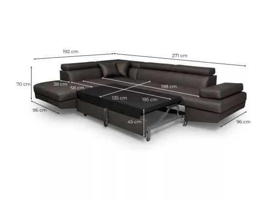 Canapé d'angle droit 5 places Rio Convertible avec coffre en simili - Noir - L271 x P192 x H70cm - Loungitude