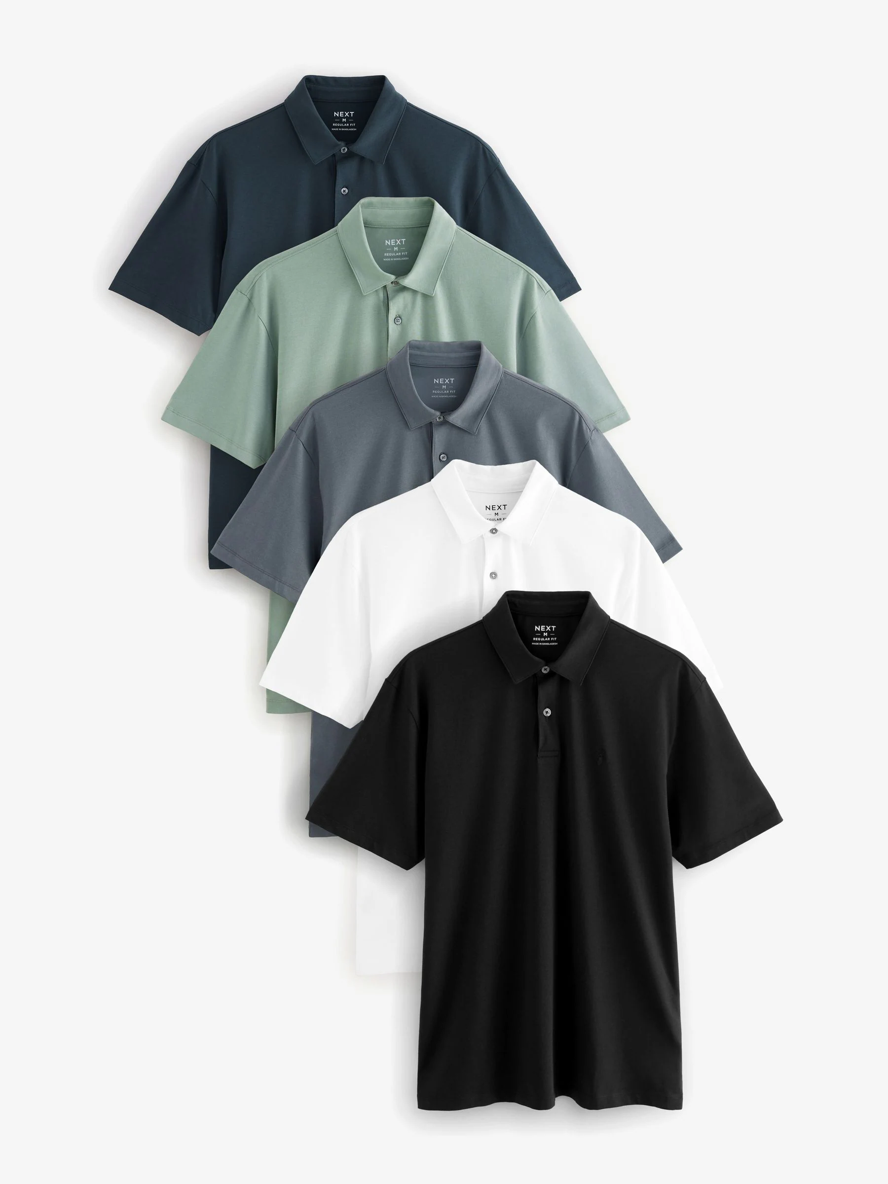 Marineblauw/bruin/grijs/wit/saliegroen - Normale Pasvorm - Set van 5 jersey poloshirts met korte mouwen