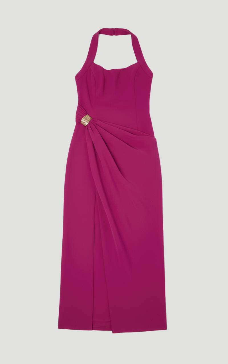 KarenMillen Robe Mi-Longue Cintrée à Col Halter Froncée - Taille Petite