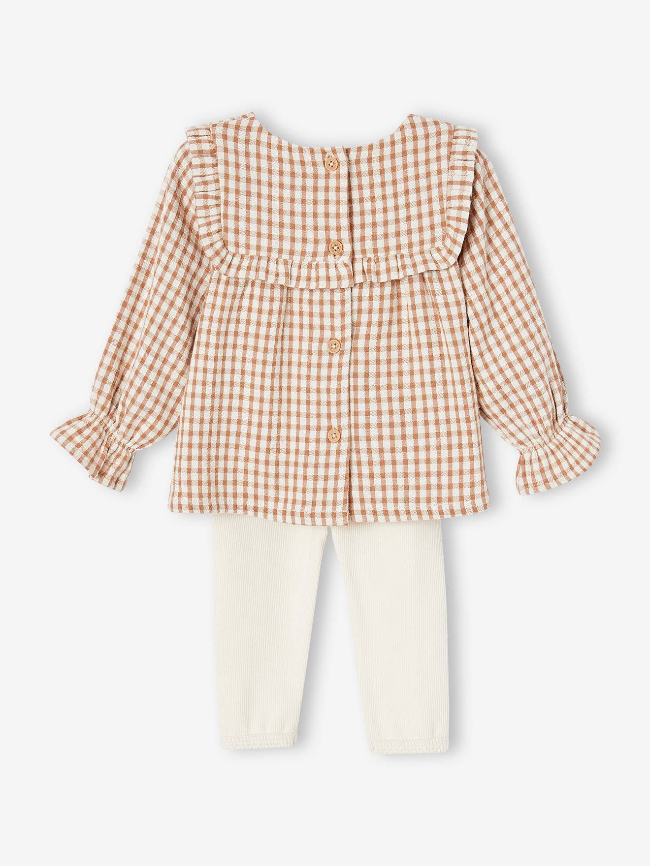 Conjunto para bebê: vestido xadrez vichy e leggings combinando na cor noz-pecã